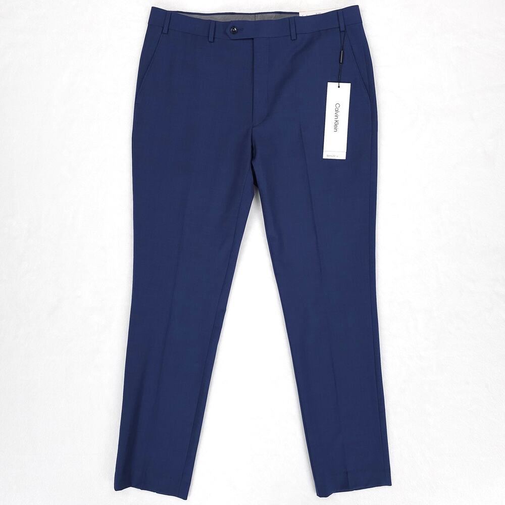 Calvin Klein Mens Skinny Fit Suit Pants 36x32 Blue Solid Stretch Wool Blend NWT